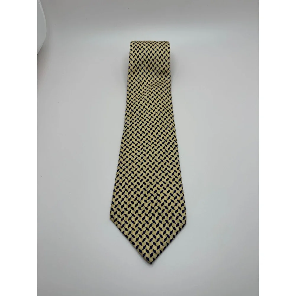 Lauren Ralph Lauren Mens Silk Tie Yellow Navy Blue Geometric Diamond Pattern
